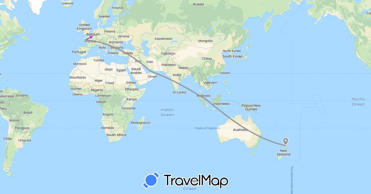 TravelMap itinerary: driving, plane, train in United Arab Emirates, France, New Zealand, Singapore (Asia, Europe, Oceania)